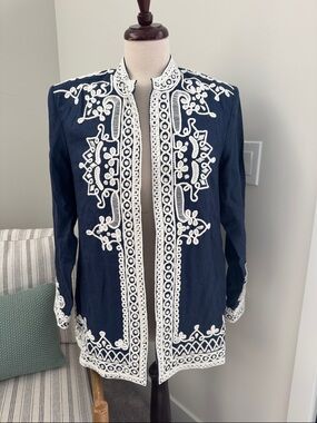 Bella Tu Navy Embroidered Open Jacket, size L